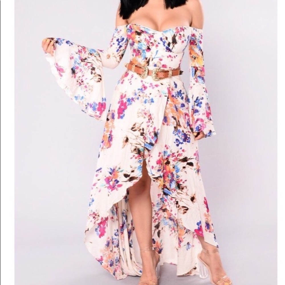 Fashion Nova - Ivory/Floral crystal Maxi Dress NWT